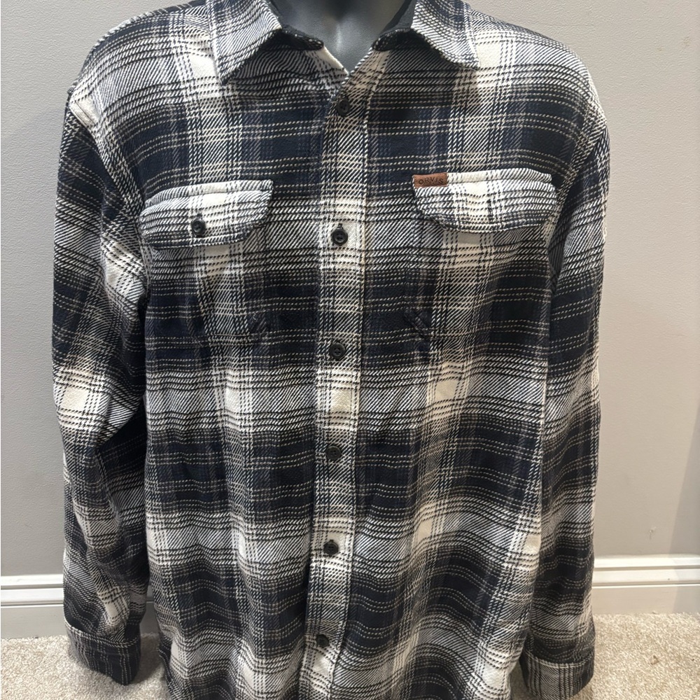 Orvis Men’s Black & White Plaid Flannel Shirt Size Large 100% Cotton Side Pocket